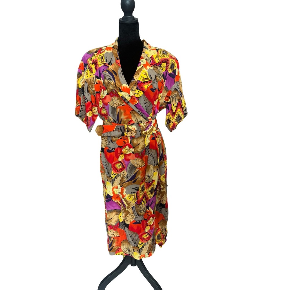 Vintage 100% Silk Tropical Floral Geometric Belted Wrap Midi Dress Multicolor